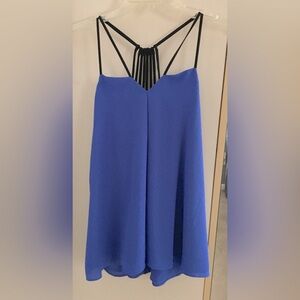 EUC Express periwinkle flowy sleeveless top with black straps, double layered.
